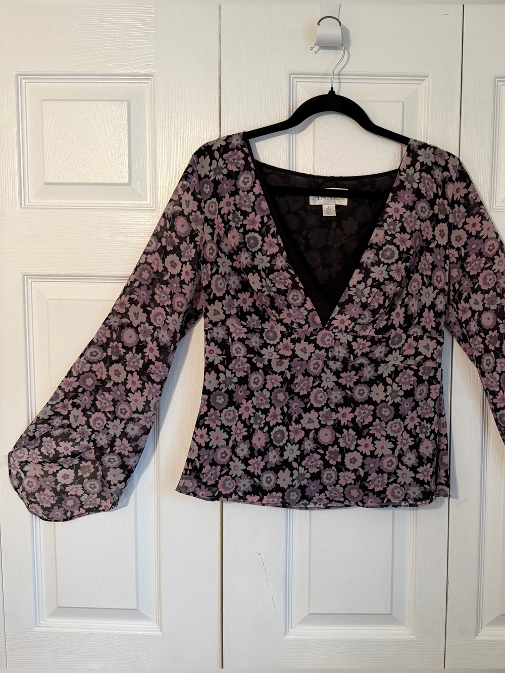 Vintage Casual Corner Annex Top Womens S Purple Floral Bell Sleeve Babydoll Y2K